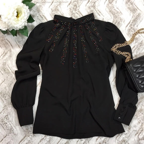 pippa Tops - PIPPA BLACK BLOUSE DRESSY HIGH COLLAR CONSERVATIVE